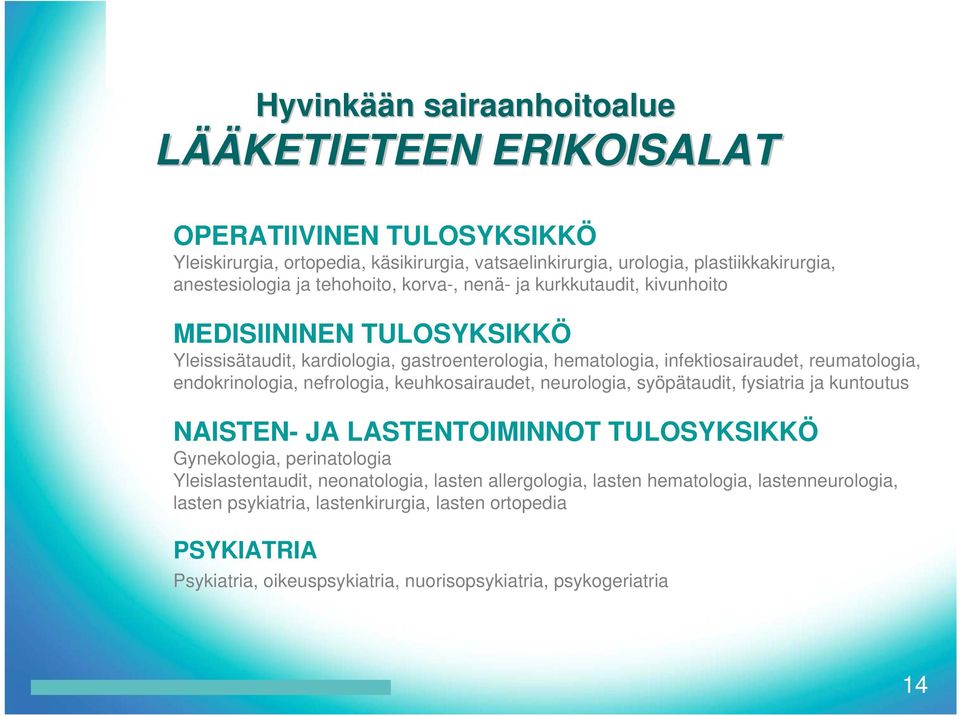 nefrologia, keuhkosairaudet, neurologia, syöpätaudit, fysiatria ja kuntoutus NAISTEN- JA LASTENTOIMINNOT TULOSYKSIKKÖ Gynekologia, perinatologia Yleislastentaudit, neonatologia, lasten