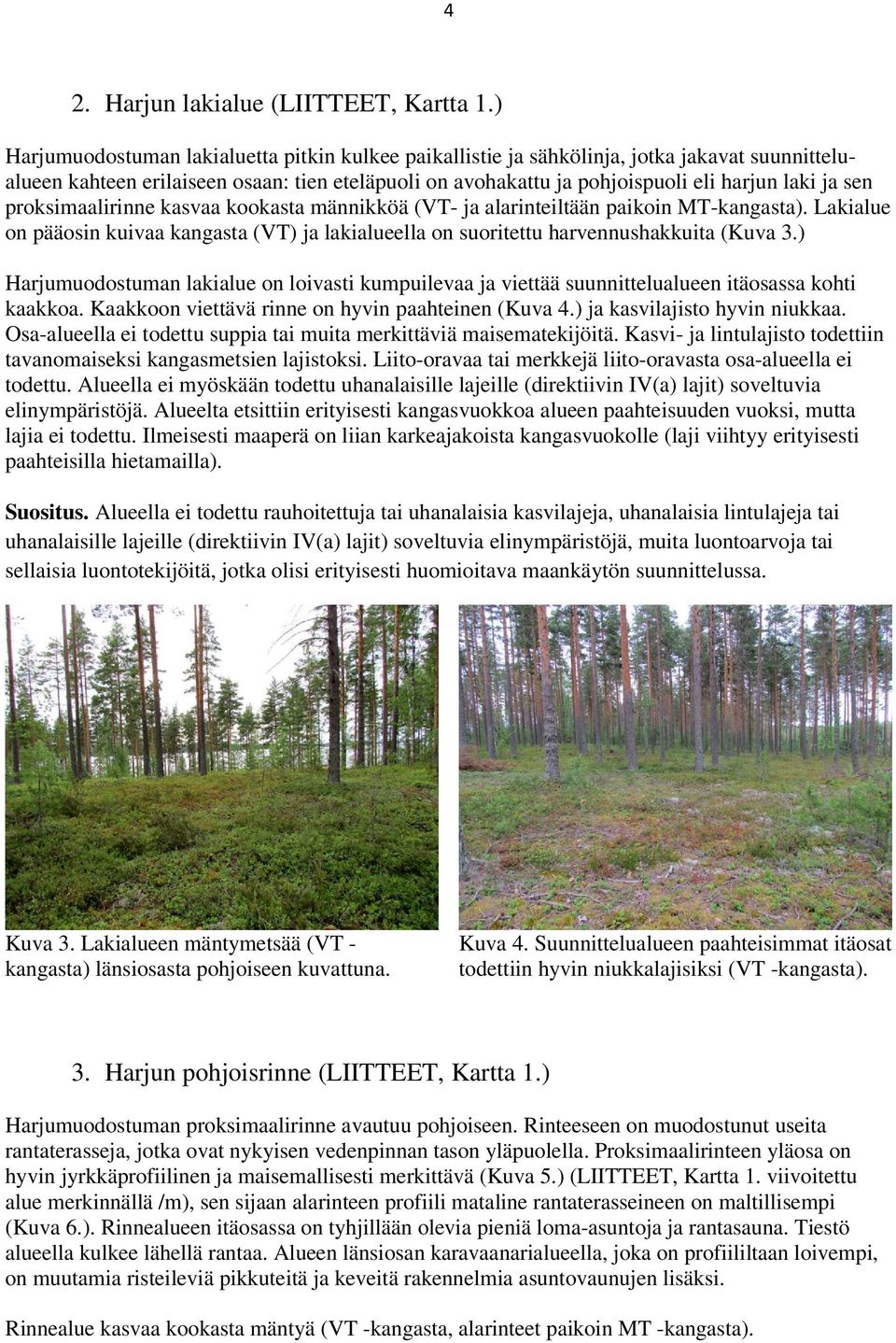 proksimaalirinne kasvaa kookasta männikköä (VT- ja alarinteiltään paikoin MT-kangasta). Lakialue on pääosin kuivaa kangasta (VT) ja lakialueella on suoritettu harvennushakkuita (Kuva 3.