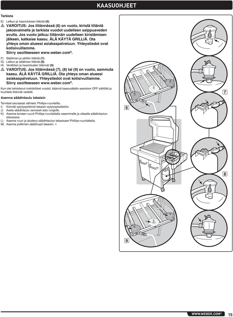 weber.com. F) Säätimen ja säiliön liitäntä (7). G) Letkun ja säätimen liitäntä (8). H) Venttiilien ja haaroitusten liitännät (9). m VAROITUS: Jos liitännässä (7), (8) tai (9) on vuoto, sammuta kaasu.