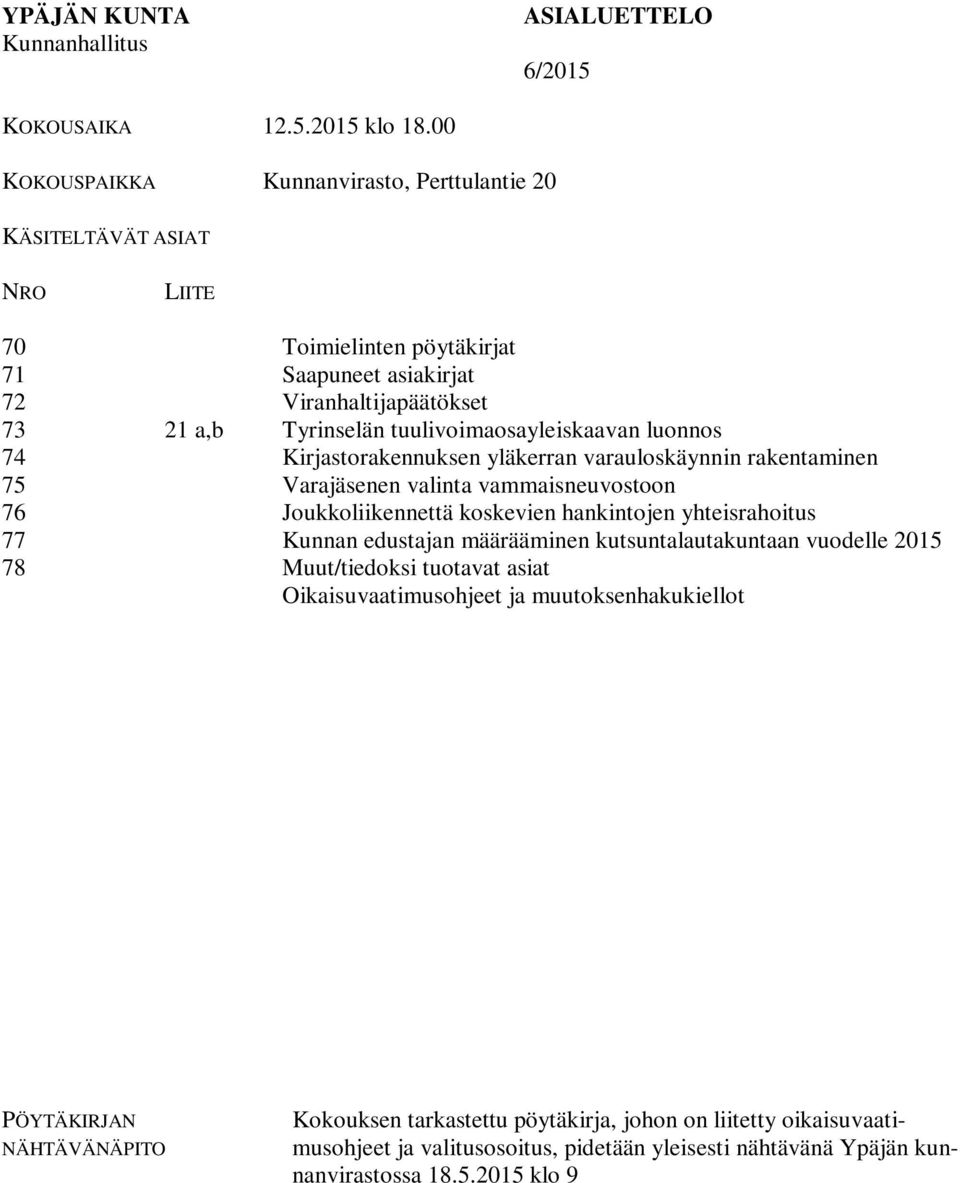 luonnos 74 Kirjastorakennuksen yläkerran varauloskäynnin rakentaminen 75 Varajäsenen valinta vammaisneuvostoon 76 Joukkoliikennettä koskevien hankintojen yhteisrahoitus 77 Kunnan edustajan