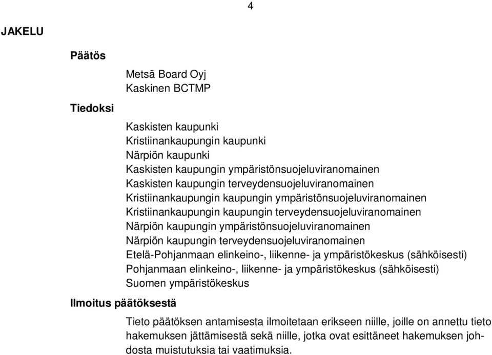 ympäristönsuojeluviranomainen Närpiön kaupungin terveydensuojeluviranomainen Etelä-Pohjanmaan elinkeino-, liikenne- ja ympäristökeskus (sähköisesti) Pohjanmaan elinkeino-, liikenne- ja