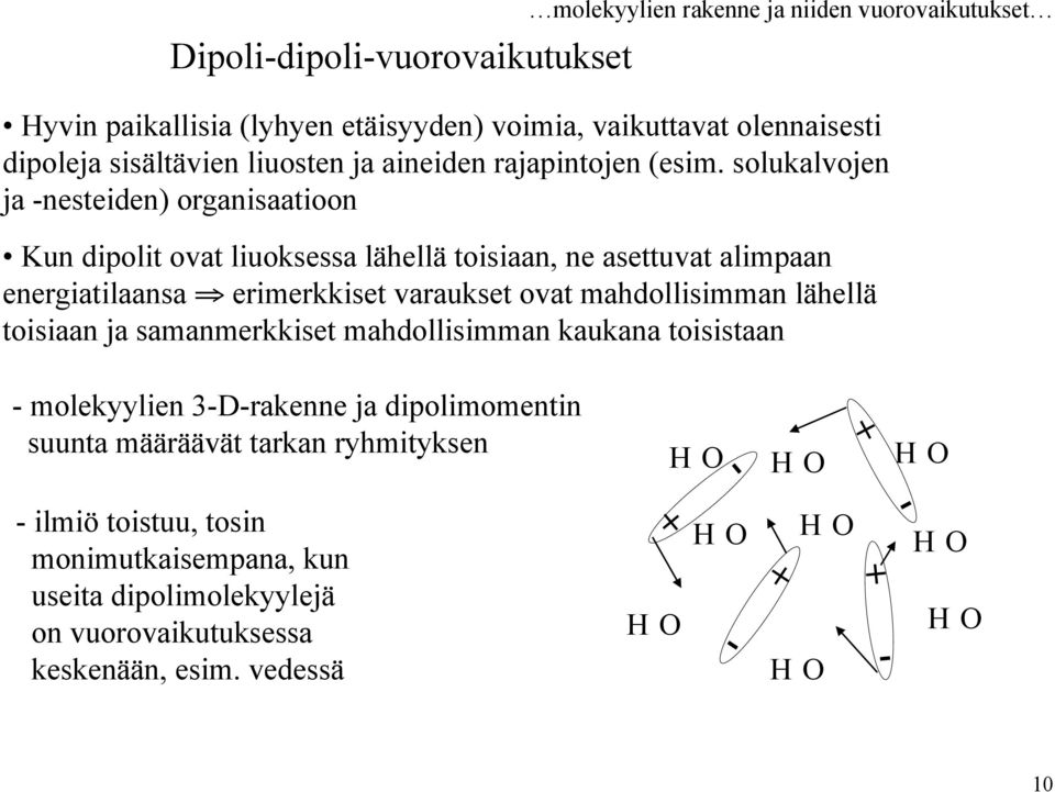 solukalvojen ja -nesteiden) organisaatioon Kun dipolit ovat liuoksessa lähellä toisiaan, ne asettuvat alimpaan energiatilaansa erimerkkiset varaukset ovat mahdollisimman