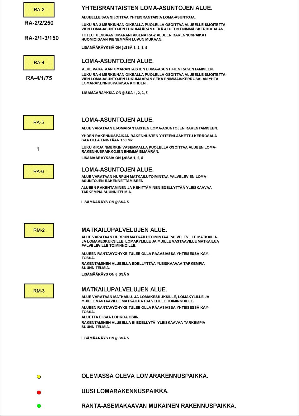 TOTEUTUESSAAN OMARANTAISENA RA-2 ALUEEN RAKENNUSPAIKAT HUOMIOIDAAN PIENEMMÄN LUVUN MUKAAN. LISÄMÄÄRÄYKSIÄ ON :SSÄ 1, 2, 3, 5 RA-4 RA-4/1/75 LOMA-ASUNTOJEN ALUE.