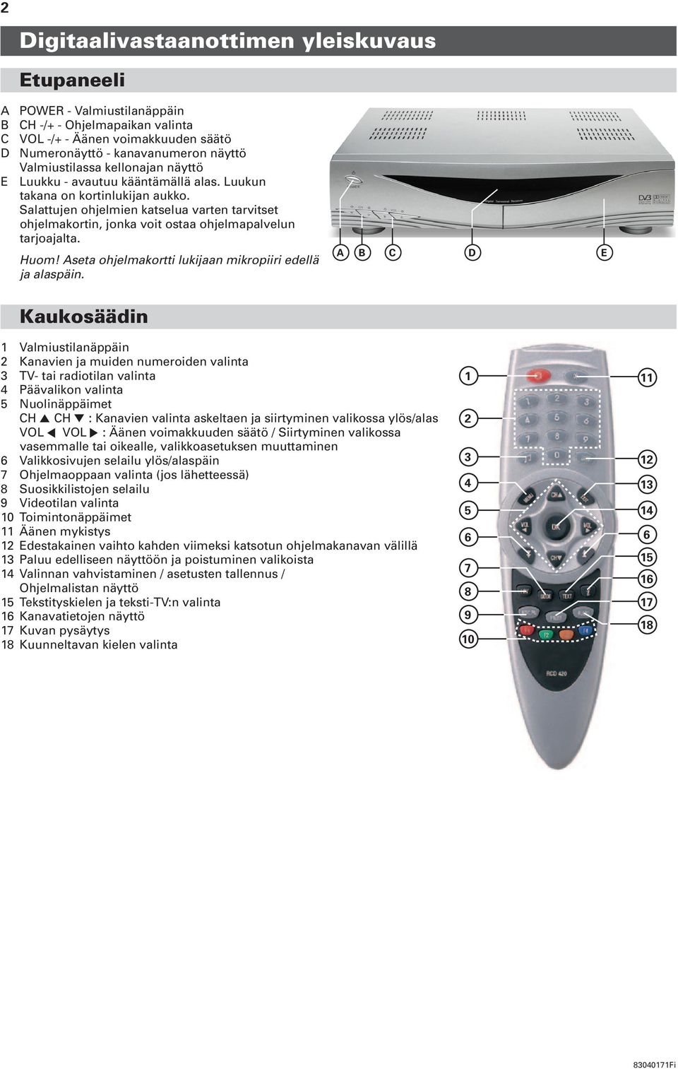 Salattujen ohjelmien katselua varten tarvitset ohjelmakortin, jonka voit ostaa ohjelmapalvelun tarjoajalta. Huom! Aseta ohjelmakortti lukijaan mikropiiri edellä ja alaspäin.