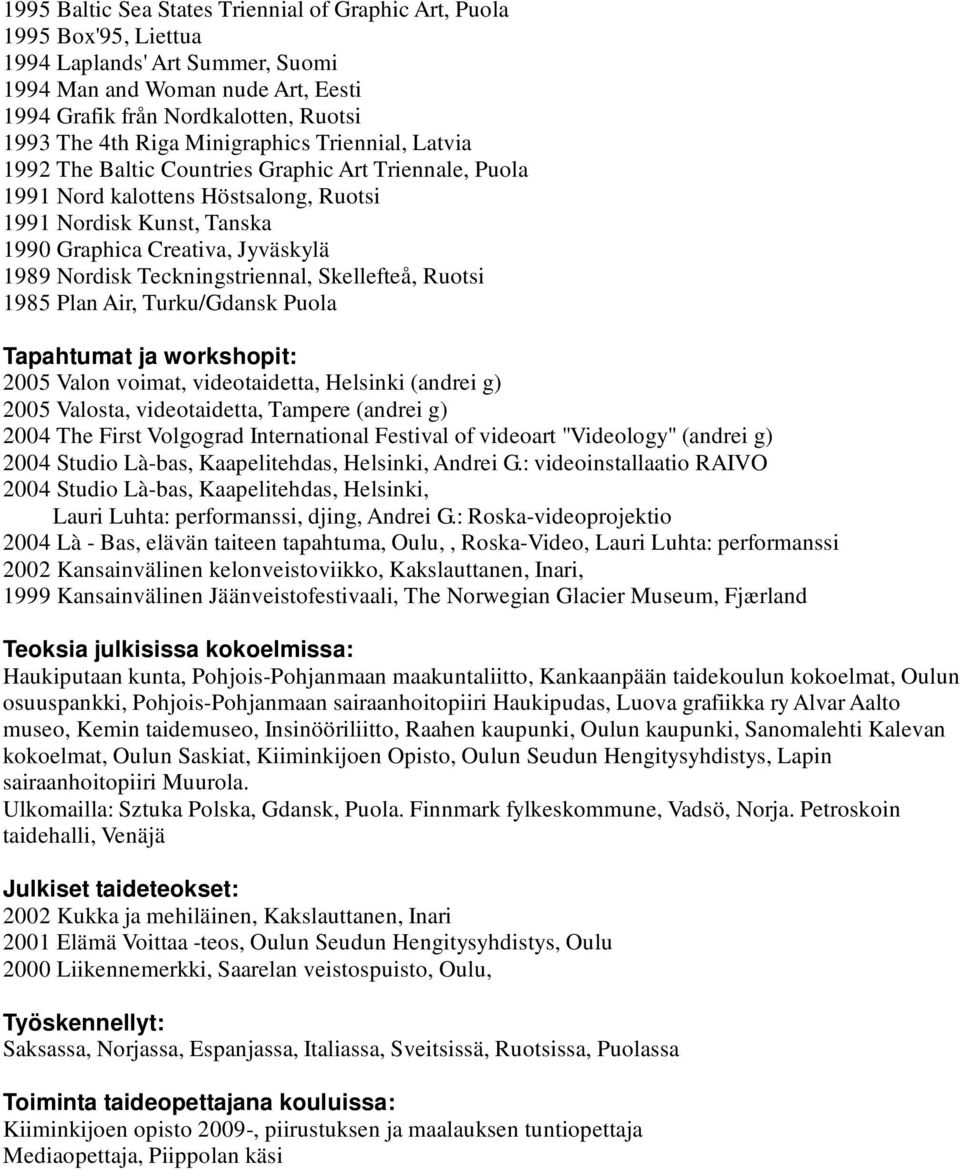 Teckningstriennal, Skellefteå, Ruotsi 1985 Plan Air, Turku/Gdansk Puola Tapahtumat ja workshopit: 2005 Valon voimat, videotaidetta, Helsinki (andrei g) 2005 Valosta, videotaidetta, Tampere (andrei g)