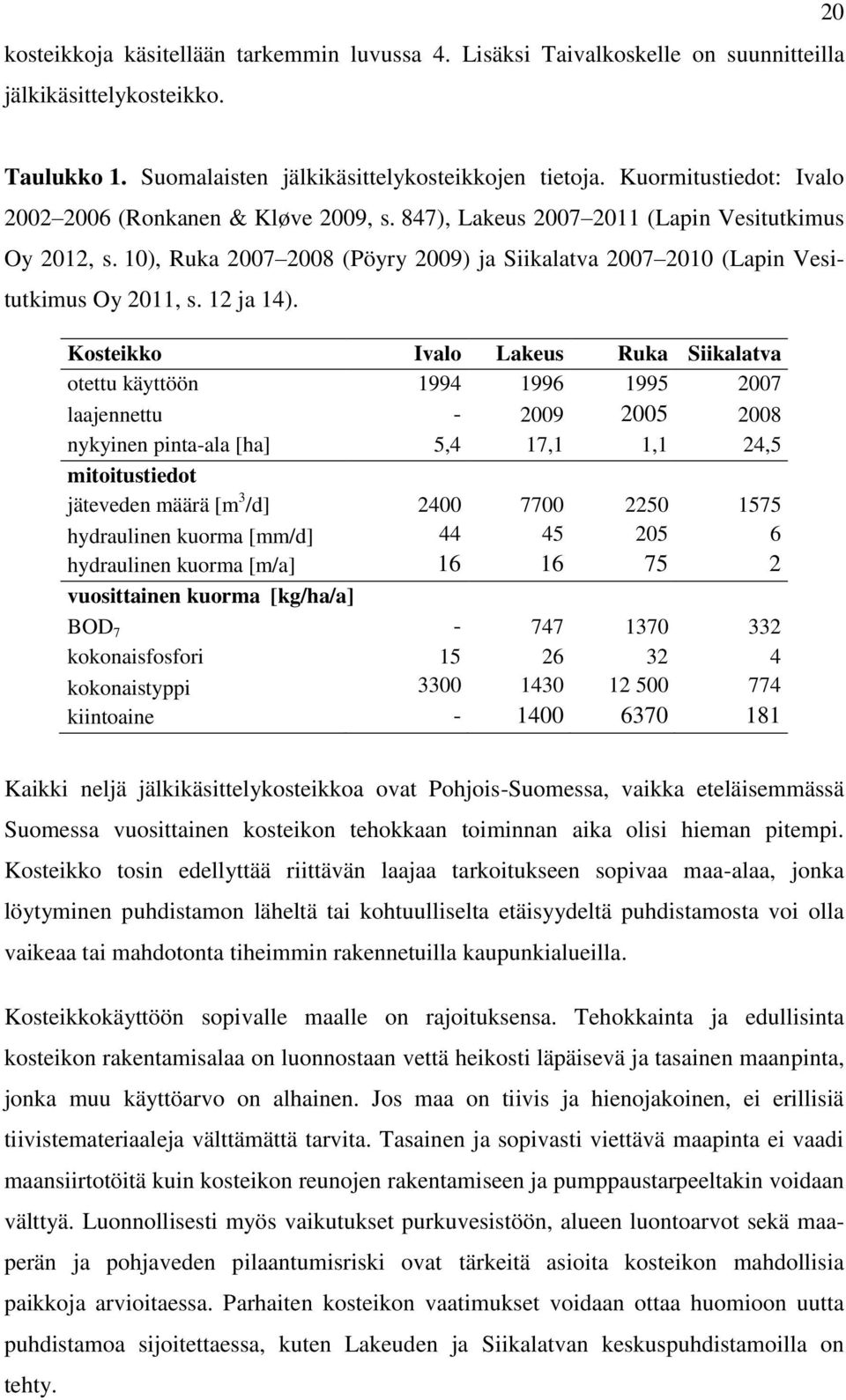 10), Ruka 2007 2008 (Pöyry 2009) ja Siikalatva 2007 2010 (Lapin Vesitutkimus Oy 2011, s. 12 ja 14).