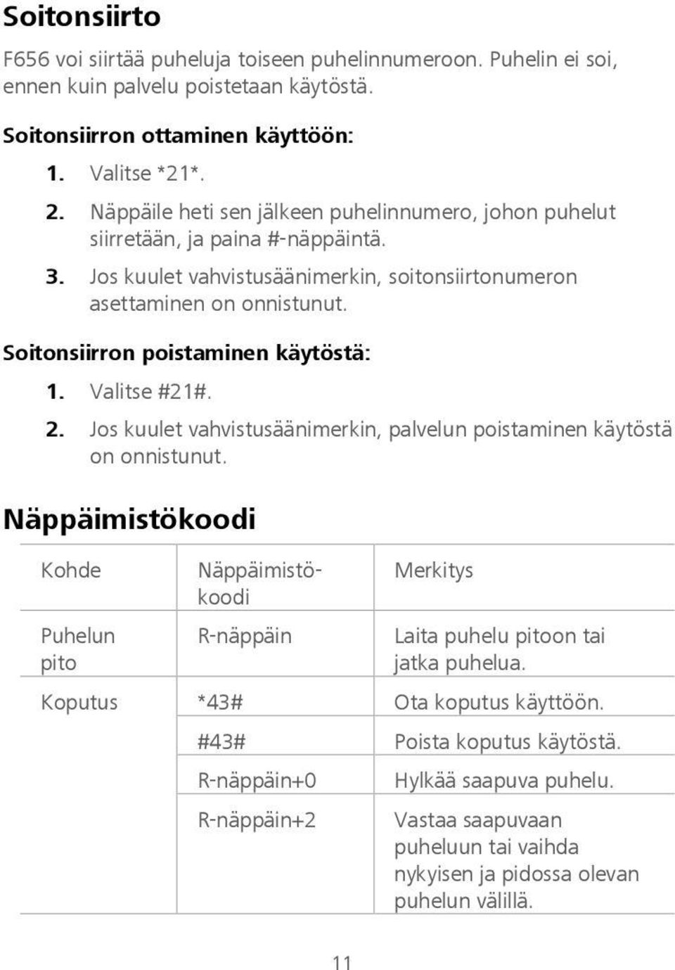 Soitonsiirron poistaminen käytöstä: 1. Valitse #21#. 2. Jos kuulet vahvistusäänimerkin, palvelun poistaminen käytöstä on onnistunut.