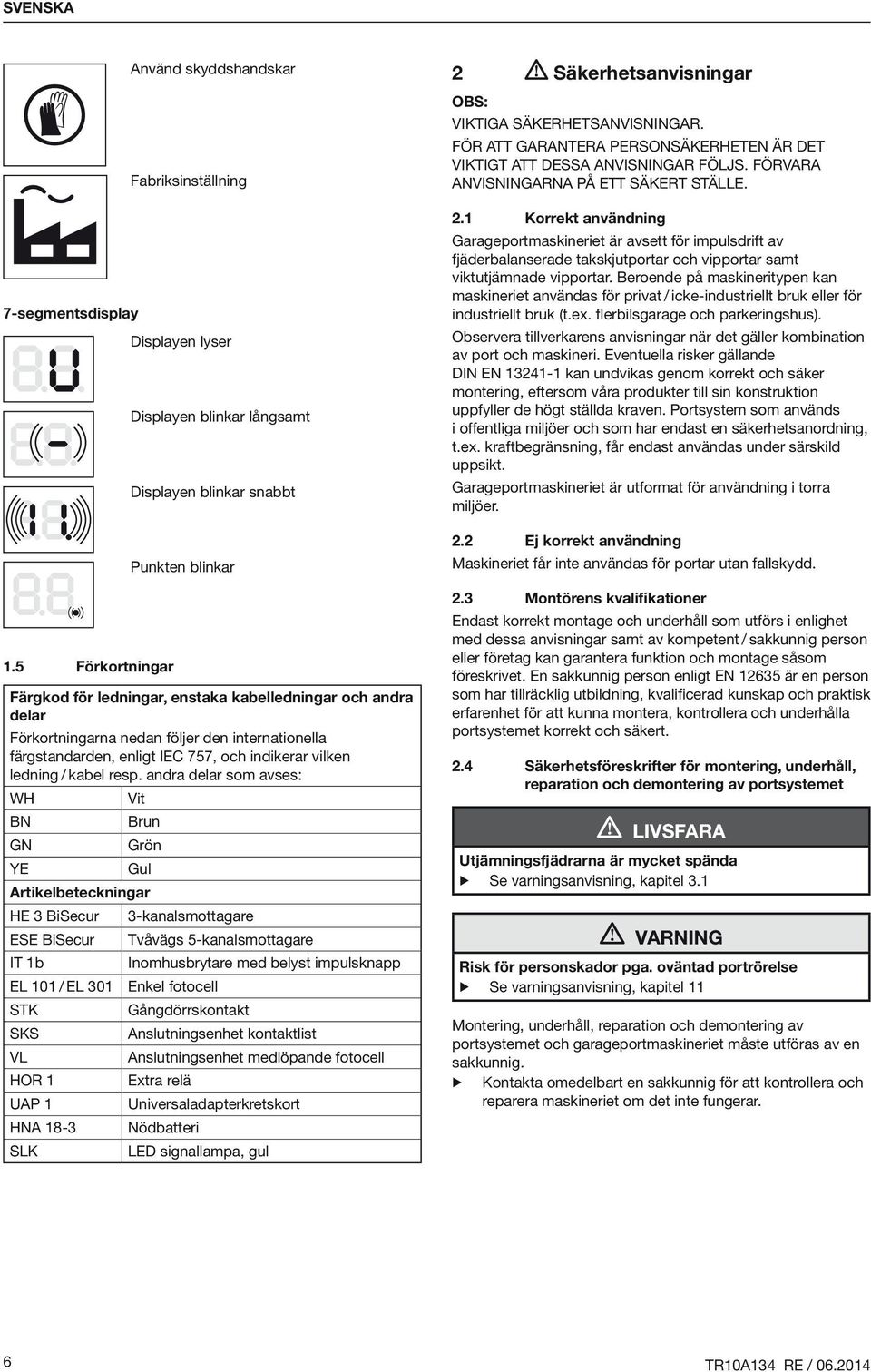 delar Förkortningarna nedan följer den internationella färgstandarden, enligt IEC 757, och indikerar vilken ledning / kabel resp.