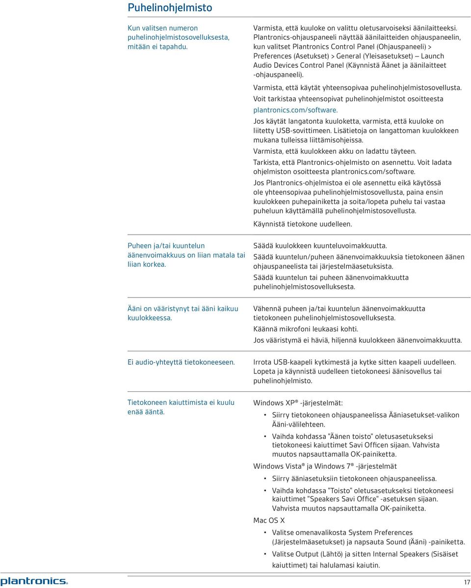 Plantronics-ohjauspaneeli näyttää äänilaitteiden ohjauspaneelin, kun valitset Plantronics Control Panel (Ohjauspaneeli) > Preferences (Asetukset) > General (Yleisasetukset) Launch Audio Devices