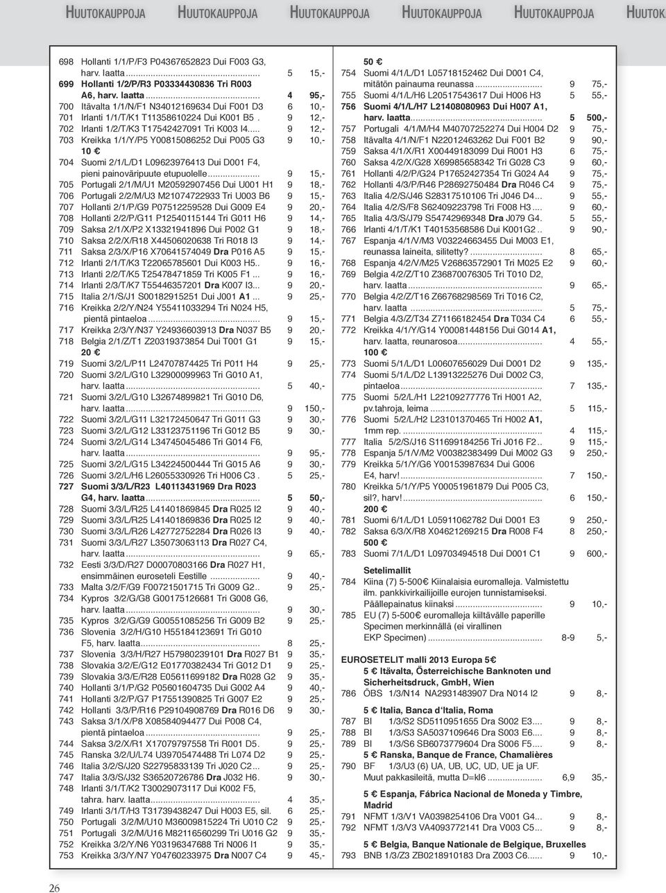 .. 703 Kreikka 1/1/Y/P5 Y00815086252 Dui P005 G3 10 704 Suomi 2/1/L/D1 L062376413 Dui D001 F4, pieni painoväripuute etupuolelle.