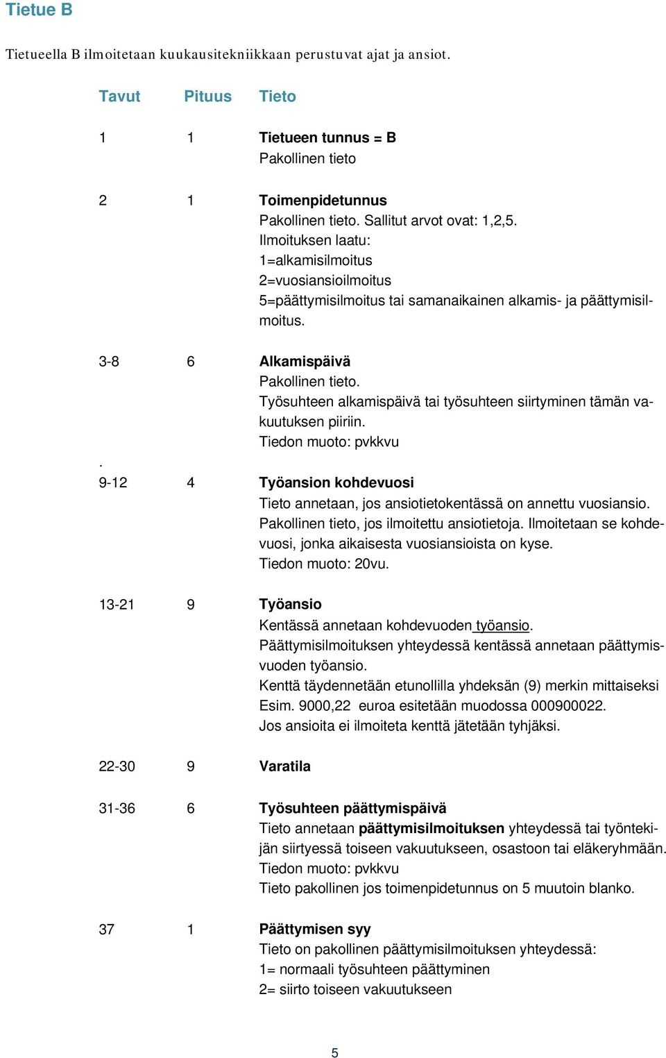 Työsuhteen alkamispäivä tai työsuhteen siirtyminen tämän vakuutuksen piiriin. Tiedon muoto: pvkkvu. 9-12 4 Työansion kohdevuosi Tieto annetaan, jos ansiotietokentässä on annettu vuosiansio.