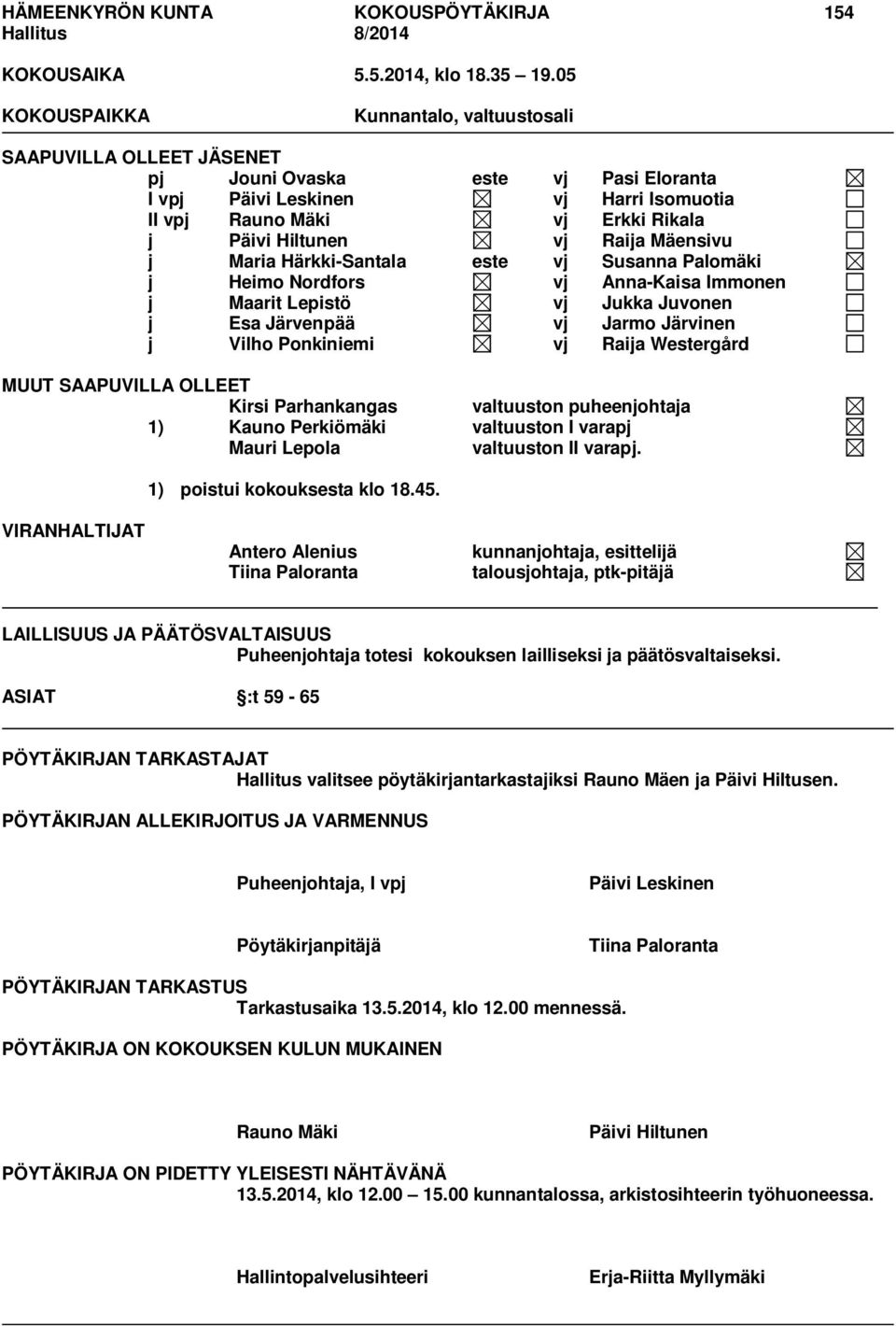 Raija Mäensivu j Maria Härkki-Santala este vj Susanna Palomäki j Heimo Nordfors vj Anna-Kaisa Immonen j Maarit Lepistö vj Jukka Juvonen j Esa Järvenpää vj Jarmo Järvinen j Vilho Ponkiniemi vj Raija