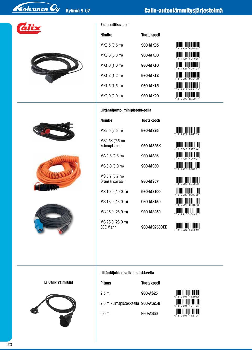 5 m) MS 5.0 (5.0 m) MS 5.7 (5.7 m) Oranssi spiraali MS 10.0 (10.0 m) MS 15.0 (15.0 m) MS 25.0 (25,