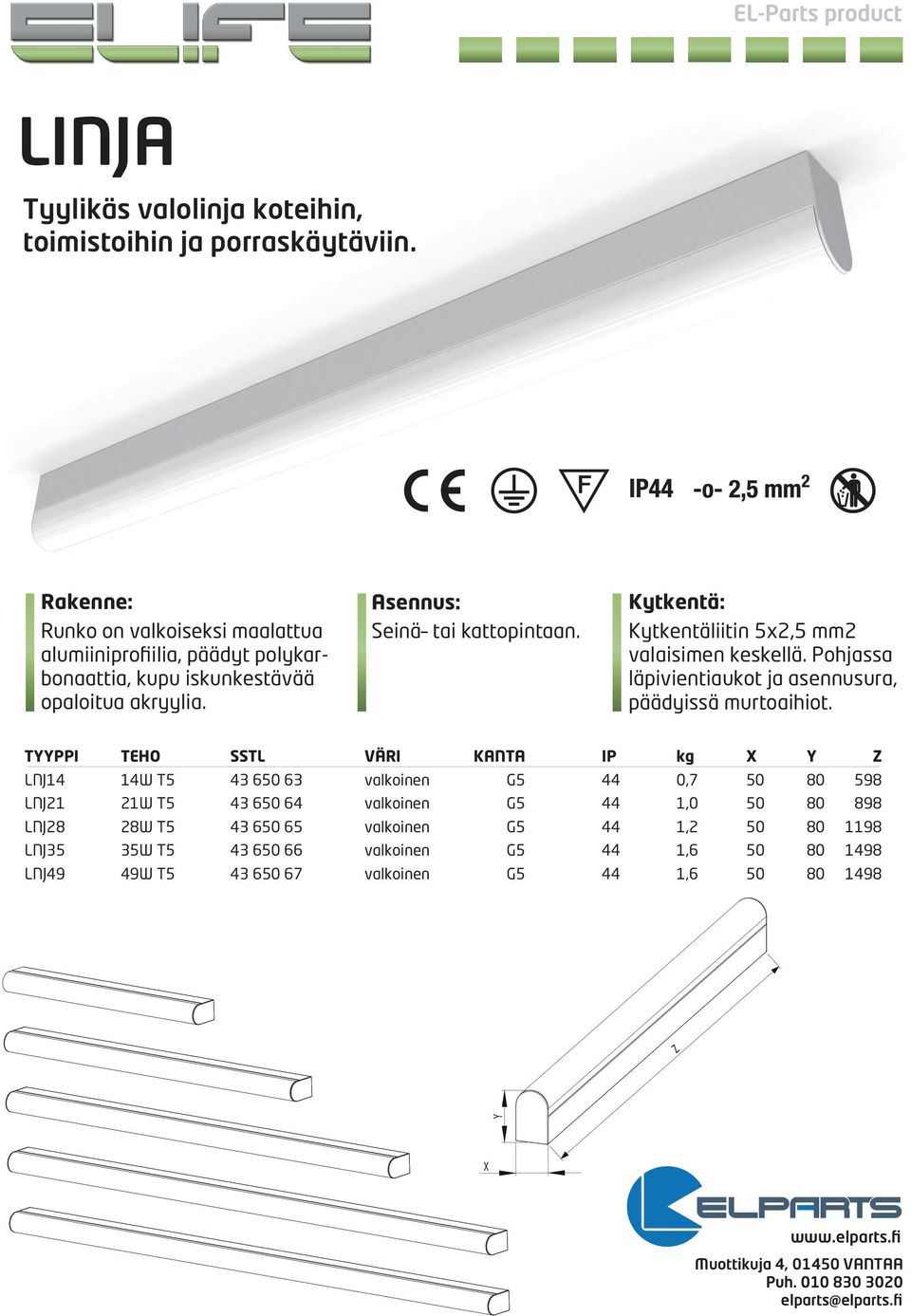 Kytkentä: Kytkentäliitin 5x2,5 mm2 valaisimen keskellä. Pohjassa läpivientiaukot ja asennusura, päädyissä murtoaihiot.