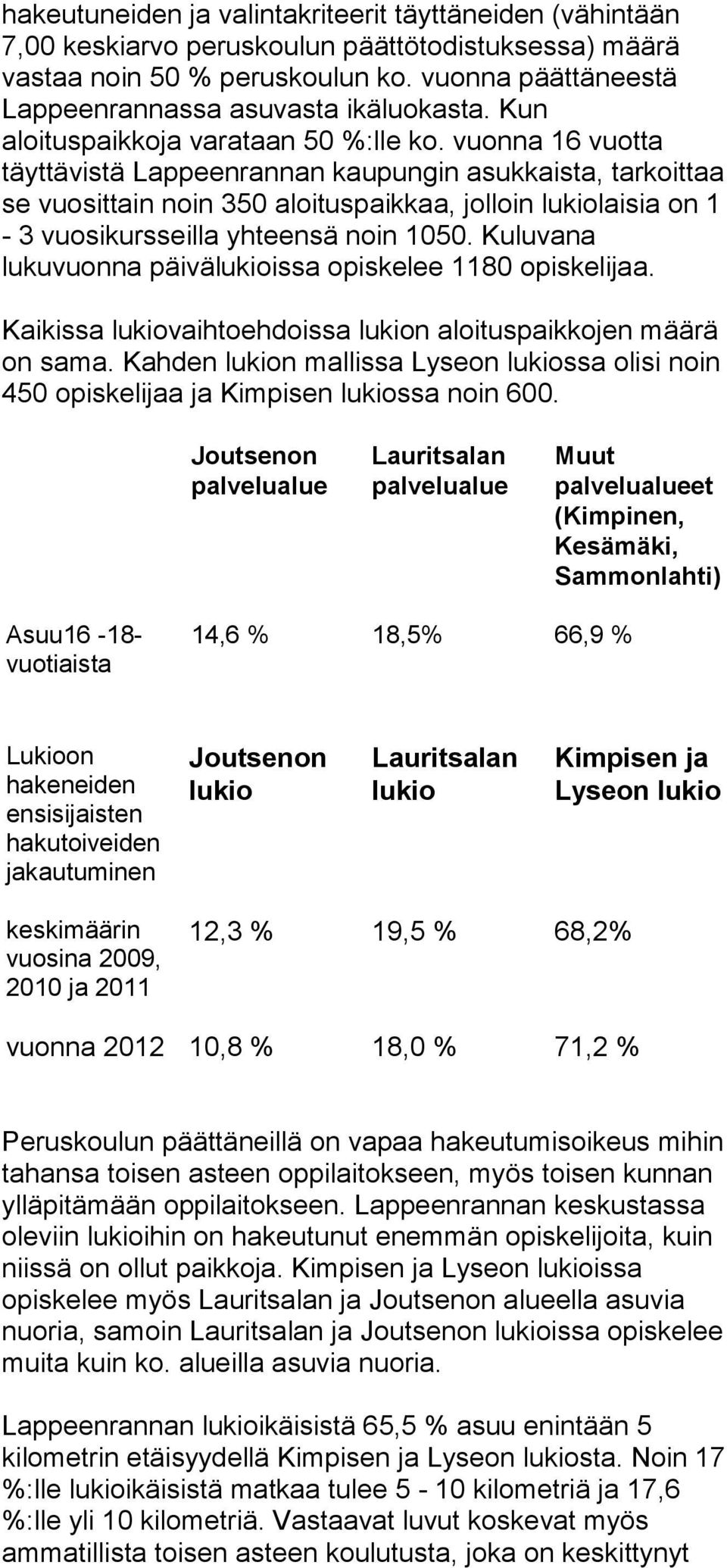 vuonna 16 vuotta täyttävistä Lappeenrannan kaupungin asukkaista, tarkoittaa se vuosittain noin 350 aloituspaikkaa, jolloin lukiolaisia on 1-3 vuosikursseilla yhteensä noin 1050.