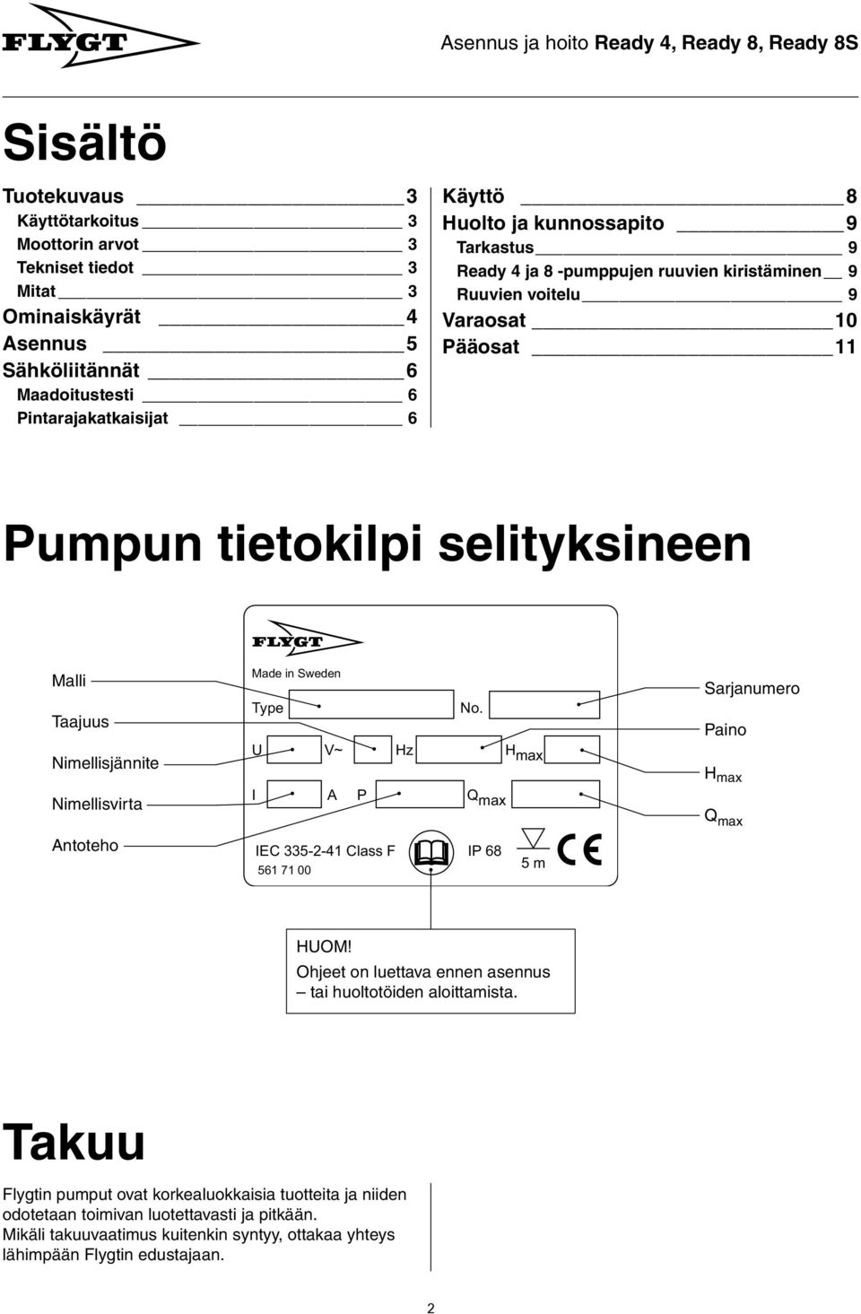 Malli Taajuus Nimellisjännite Nimellisvirta Sarjanumero Paino H max Q max Antoteho Ohjeet on luettava ennen asennus tai huoltotöiden aloittamista.