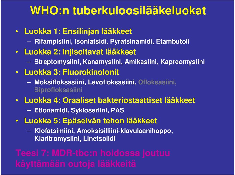 Ofloksasiini, Siprofloksasiini Luokka 4: Oraaliset bakteriostaattiset lääkkeet Etionamidi, Sykloseriini, PAS Luokka 5: Epäselvän tehon