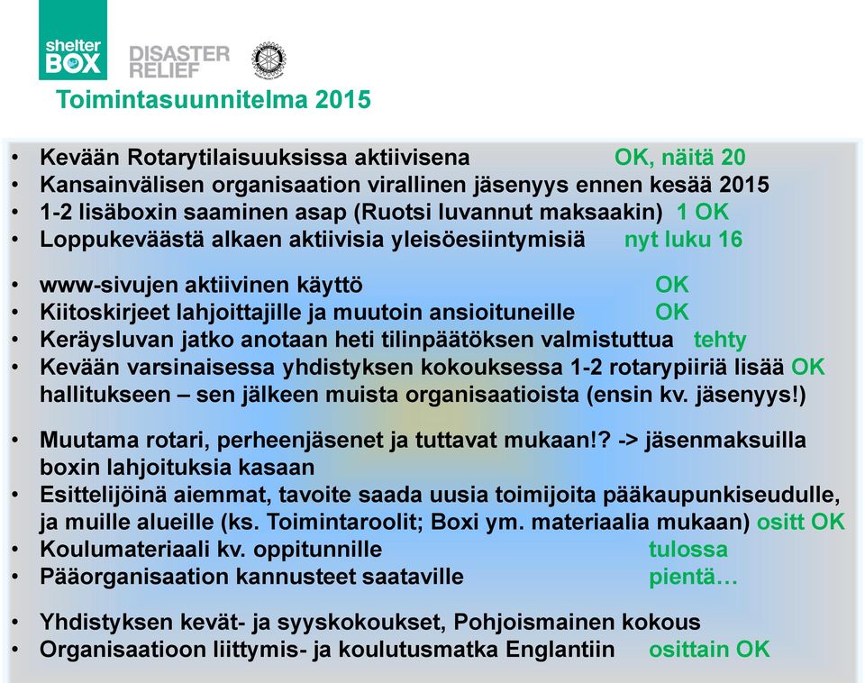 tilinpäätöksen valmistuttua tehty Kevään varsinaisessa yhdistyksen kokouksessa 1-2 rotarypiiriä lisää OK hallitukseen sen jälkeen muista organisaatioista (ensin kv. jäsenyys!