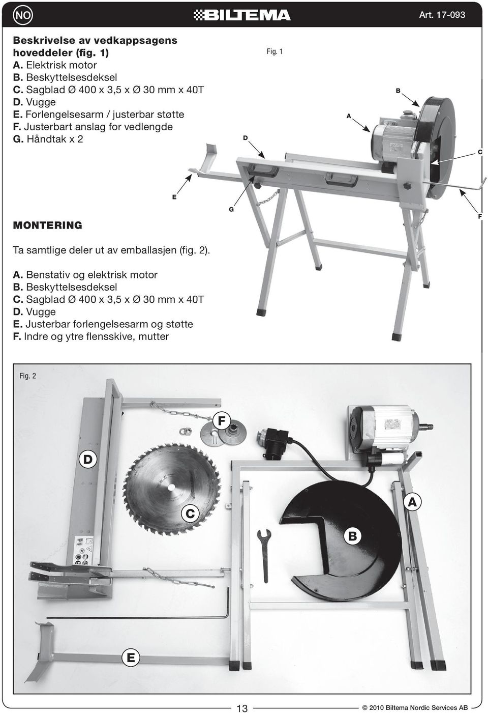 Håndtak x 2 D Fig. 1 A B C E MontErinG Ta samtlige deler ut av emballasjen (fig (fig 2) 2) A. Benstativ og elektrisk motor B.
