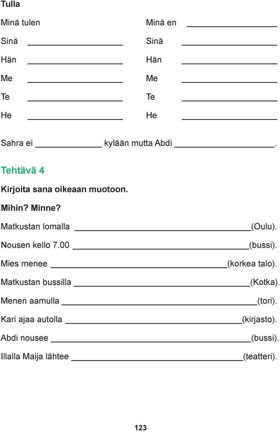 Nousen kello 7.00 (bussi). Mies menee (korkea talo). Matkustan bussilla (Kotka).