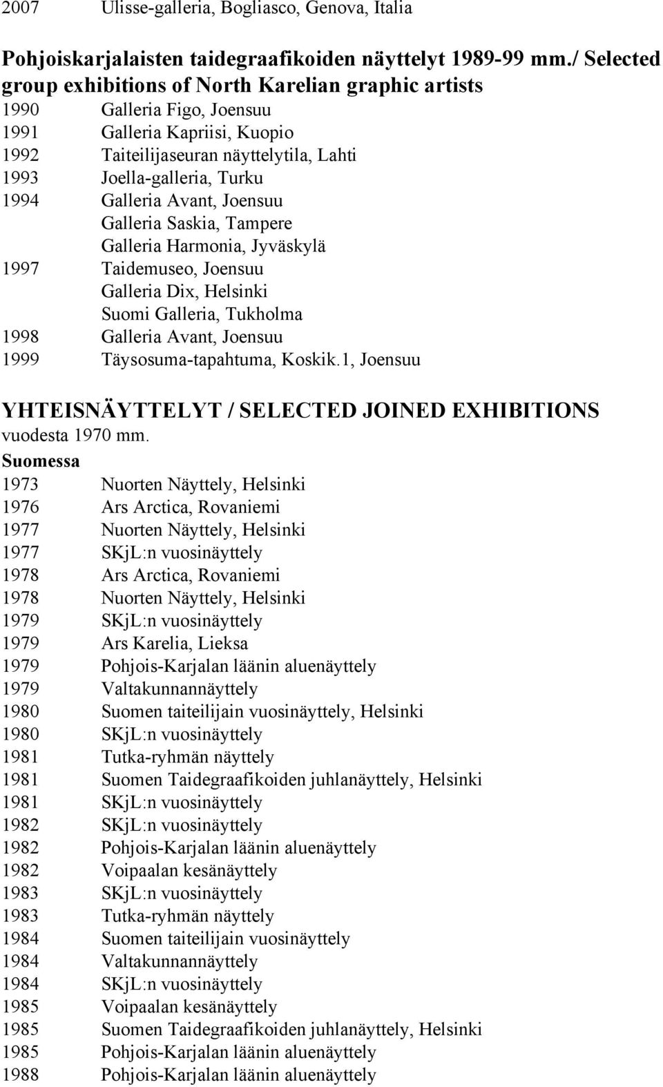 Galleria Avant, Joensuu Galleria Saskia, Tampere Galleria Harmonia, Jyväskylä 1997 Taidemuseo, Joensuu Galleria Dix, Helsinki Suomi Galleria, Tukholma 1998 Galleria Avant, Joensuu 1999