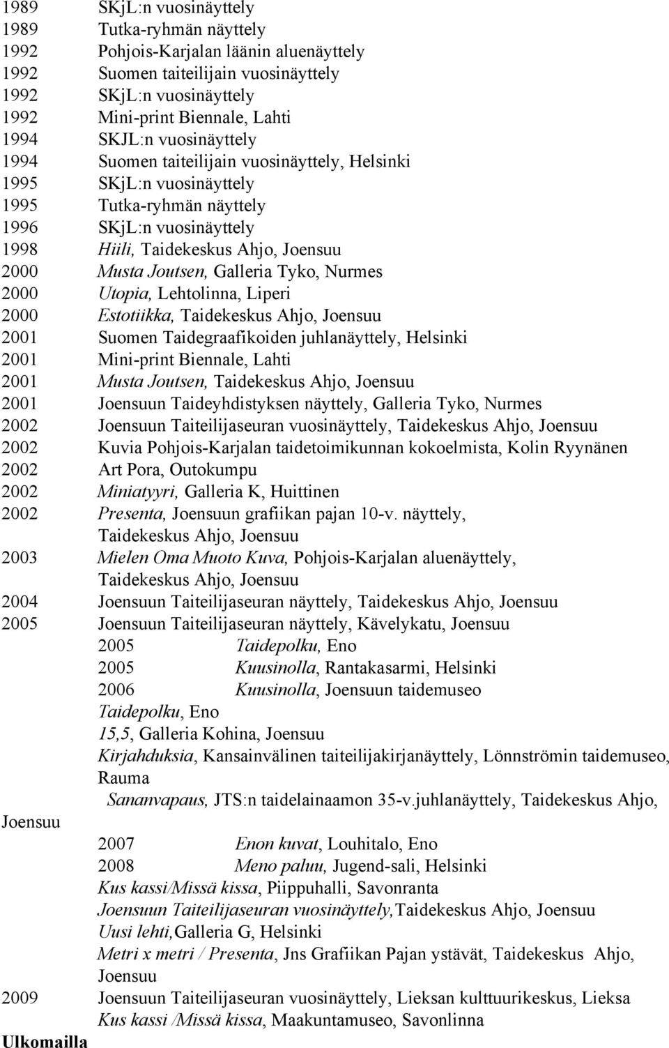 Joutsen, Galleria Tyko, Nurmes 2000 Utopia, Lehtolinna, Liperi 2000 Estotiikka, Taidekeskus Ahjo, Joensuu 2001 Suomen Taidegraafikoiden juhlanäyttely, Helsinki 2001 Mini-print Biennale, Lahti 2001