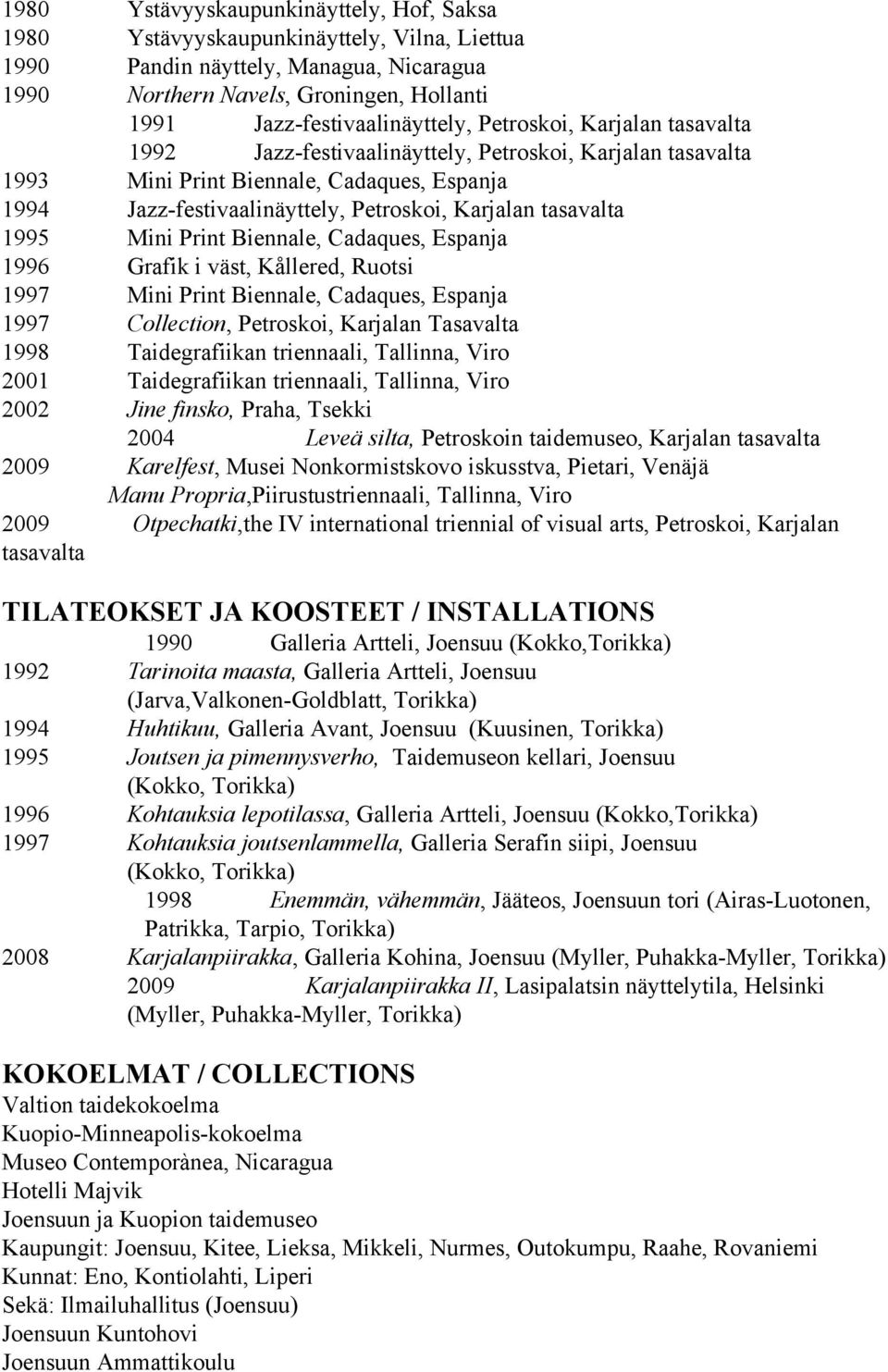 Karjalan tasavalta 1995 Mini Print Biennale, Cadaques, Espanja 1996 Grafik i väst, Kållered, Ruotsi 1997 Mini Print Biennale, Cadaques, Espanja 1997 Collection, Petroskoi, Karjalan Tasavalta 1998