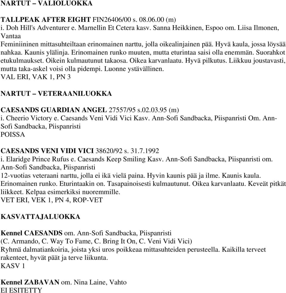 Erinomainen runko muuten, mutta eturintaa saisi olla enemmän. Suorahkot etukulmaukset. Oikein kulmautunut takaosa. Oikea karvanlaatu. Hyvä pilkutus.