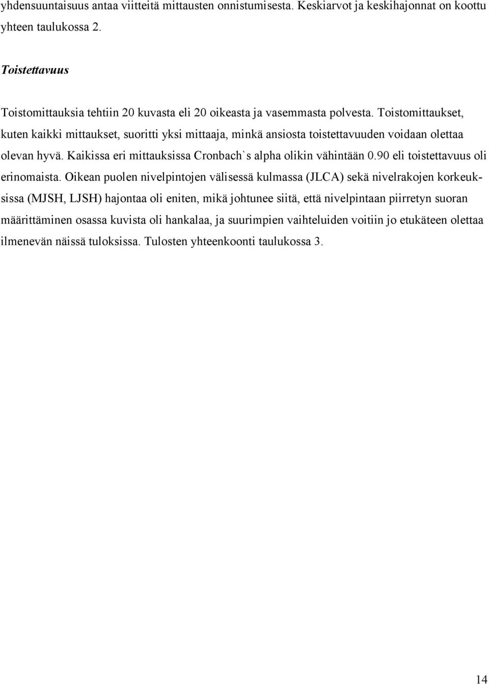 Toistomittaukset, kuten kaikki mittaukset, suoritti yksi mittaaja, minkä ansiosta toistettavuuden voidaan olettaa olevan hyvä. Kaikissa eri mittauksissa Cronbach`s alpha olikin vähintään 0.