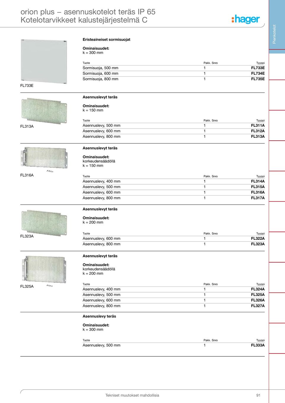 korkeudensäädöllä k = 150 mm FL316A, 400 mm 1 FL314A, 500 mm 1 FL315A, 600 mm 1 FL316A, 800 mm 1 FL317A t k = 200 mm FL323A, 600 mm 1 FL322A, 800 mm 1