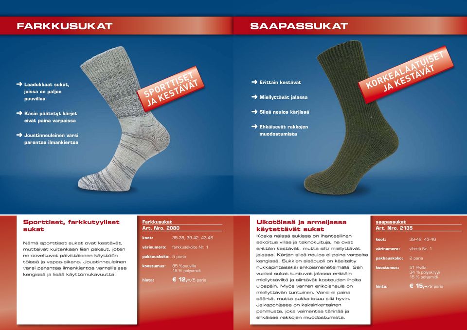 080 Ulkotöissä ja armeijassa käytettävät sukat saapassukat Art. Nro.