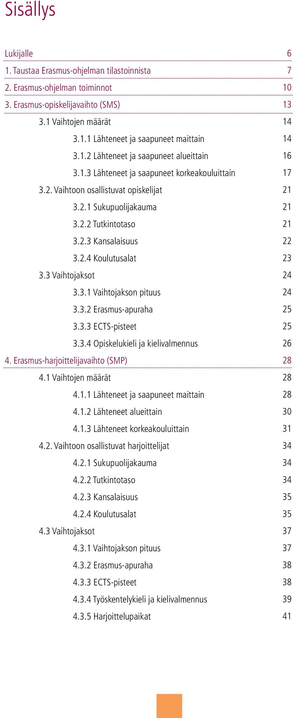 3.2 Erasmus-apuraha 3.3.3 ects-pisteet 3.3.4 Opiskelukieli ja kielivalmennus 4. Erasmus-harjoittelijavaihto (smp) 4.1 Vaihtojen määrät 4.1.1 Lähteneet ja saapuneet maittain 4.1.2 Lähteneet alueittain 4.