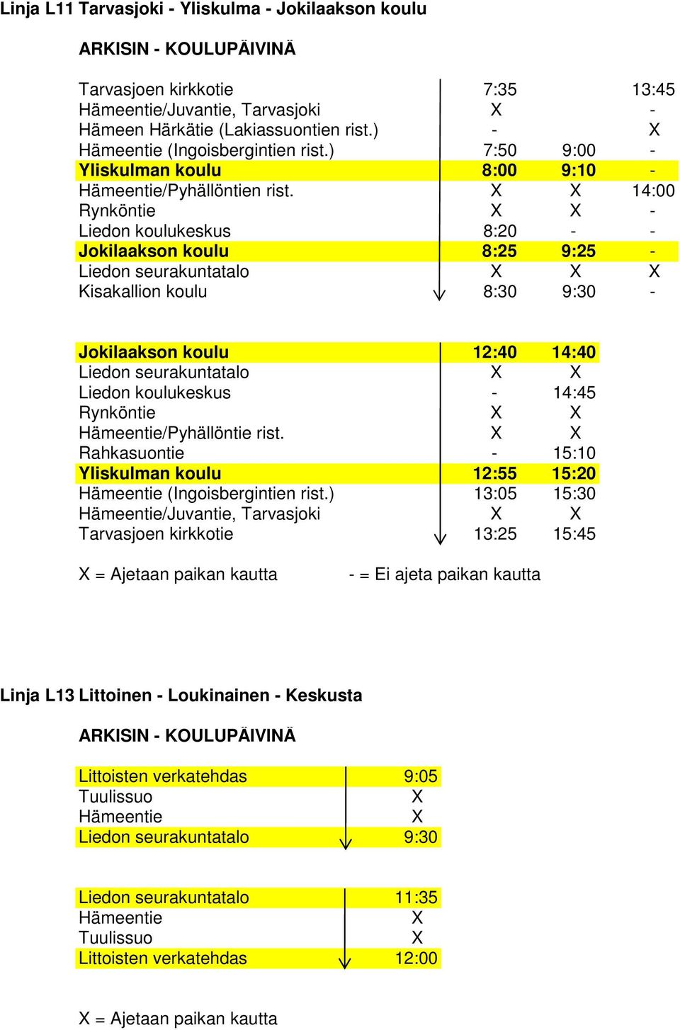 14:00 Rynköntie - Liedon koulukeskus 8:20 - - Jokilaakson koulu 8:25 9:25 - Liedon seurakuntatalo Kisakallion koulu 8:30 9:30 - Jokilaakson koulu 12:40 14:40 Liedon seurakuntatalo Liedon koulukeskus