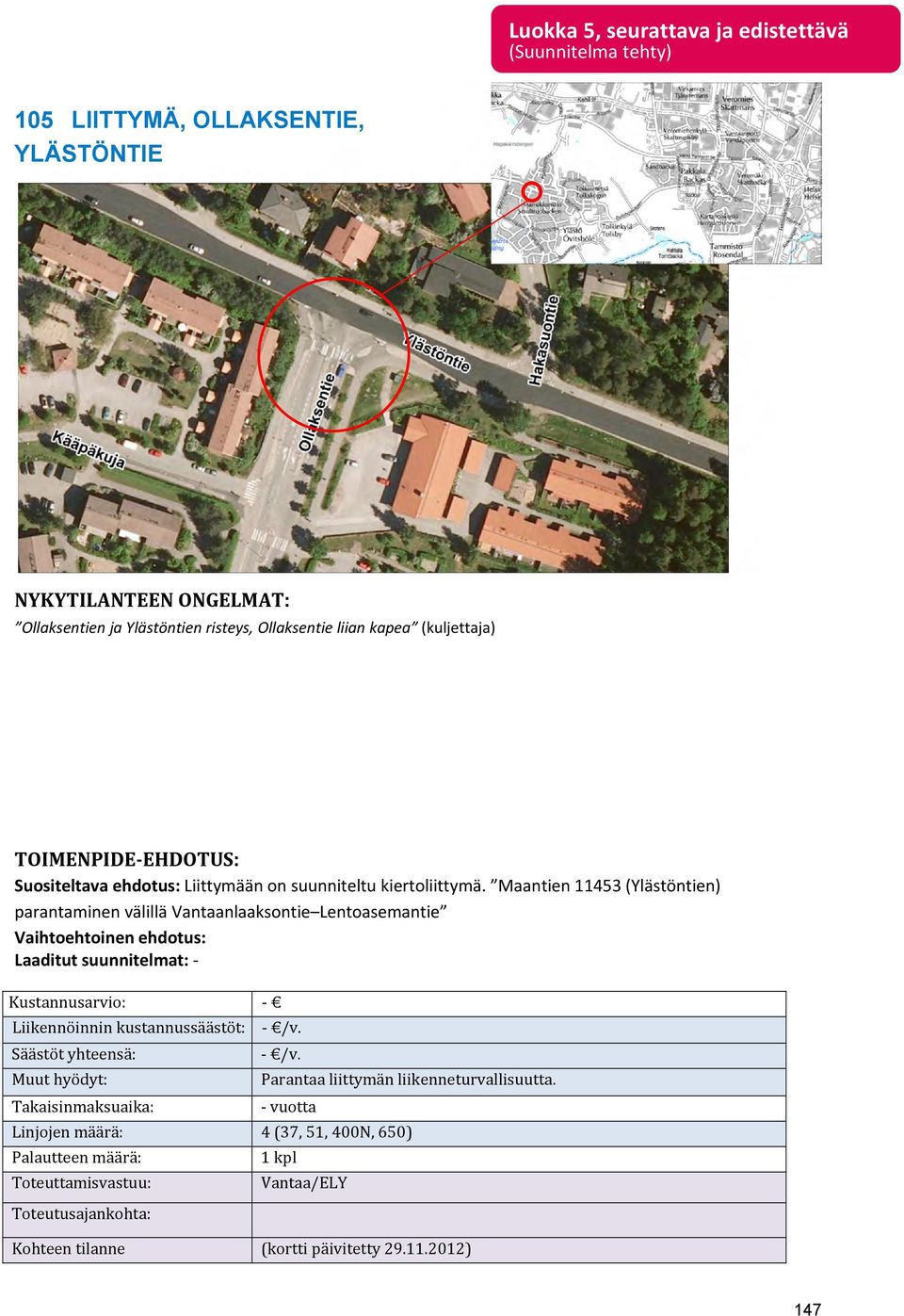 Maantien 11453 (Ylästöntien) parantaminen välillä nlaaksontie Lentoasemantie Liikennöinnin kustannussäästöt: Muut hyödyt: