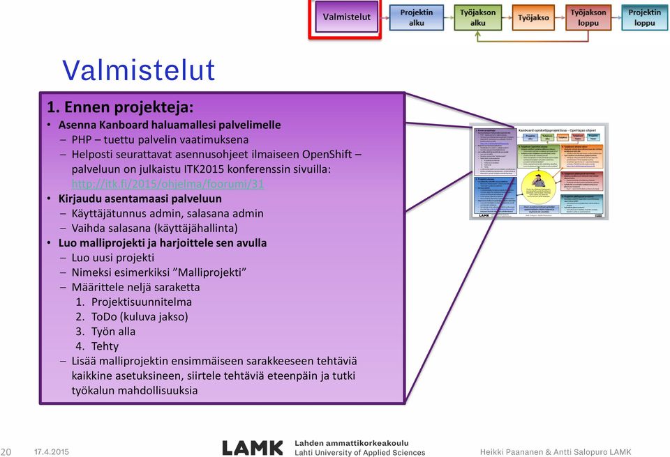 fi/2015/ohjelma/foorumi/31 Kirjaudu asentamaasi palveluun Käyttäjätunnus admin, salasana admin Vaihda salasana (käyttäjähallinta) Luo malliprojekti ja harjoittele sen