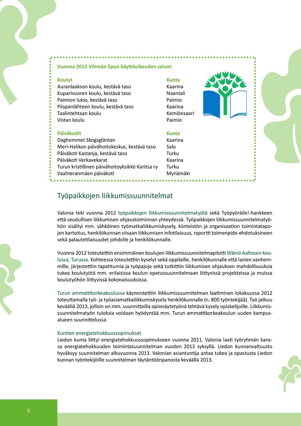 ry Vaahteranmäen päiväkoti kunta Kaarina Naantali Paimio Kaarina Kemiönsaari Paimio Kunta Kaarina Salo Turku Kaarina Turku Mynämäki Työpaikkojen liikkumissuunnitelmat Valonia teki vuonna 2012