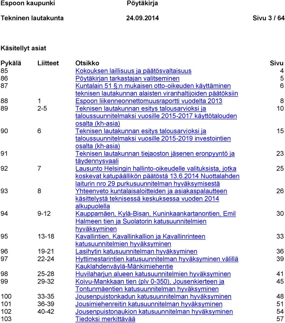 käyttäminen 6 teknisen lautakunnan alaisten viranhaltijoiden päätöksiin 88 1 Espoon liikenneonnettomuusraportti vuodelta 2013 8 89 2-5 Teknisen lautakunnan esitys talousarvioksi ja 10