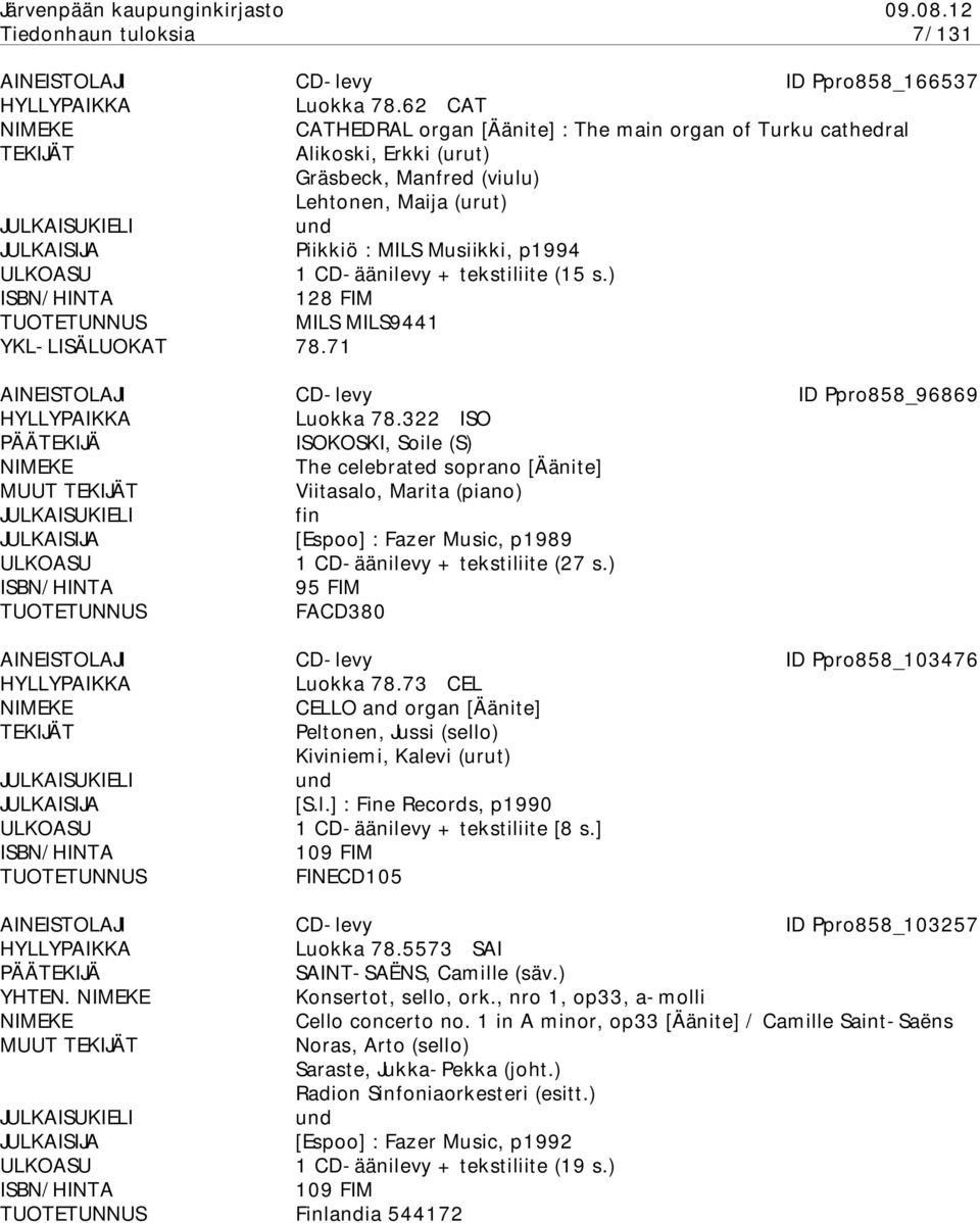 ) 128 FIM MILS MILS9441 YKL-LISÄLUOKAT 78.71 AINEISTOLAJI CD-levy ID Ppro858_96869 YLLYPAIKKA Luokka 78.