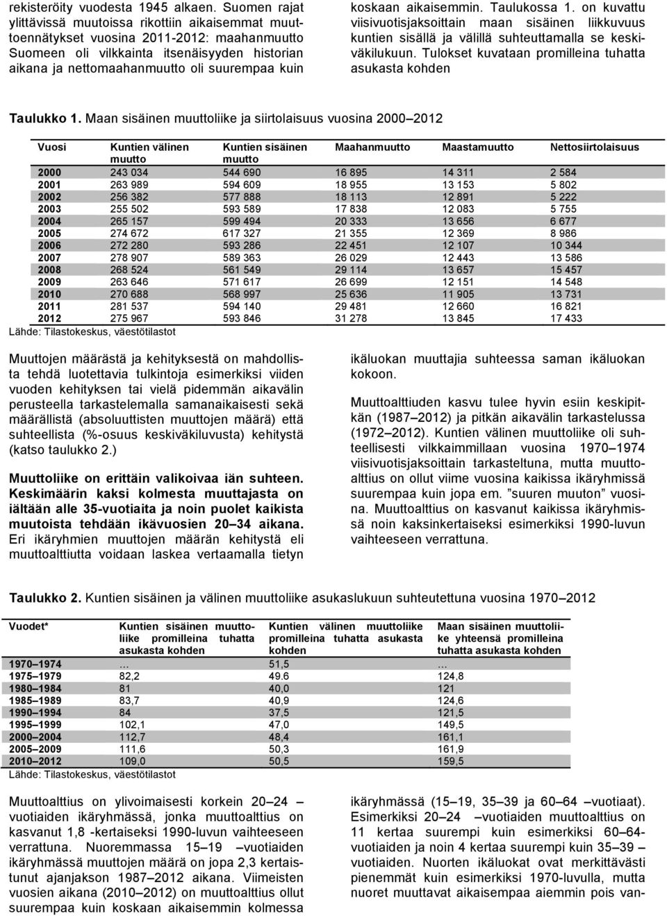 koskaan aikaisemmin. Taulukossa 1. on kuvattu viisivuotisjaksoittain maan sisäinen liikkuvuus kuntien sisällä ja välillä suhteuttamalla se keskiväkilukuun.