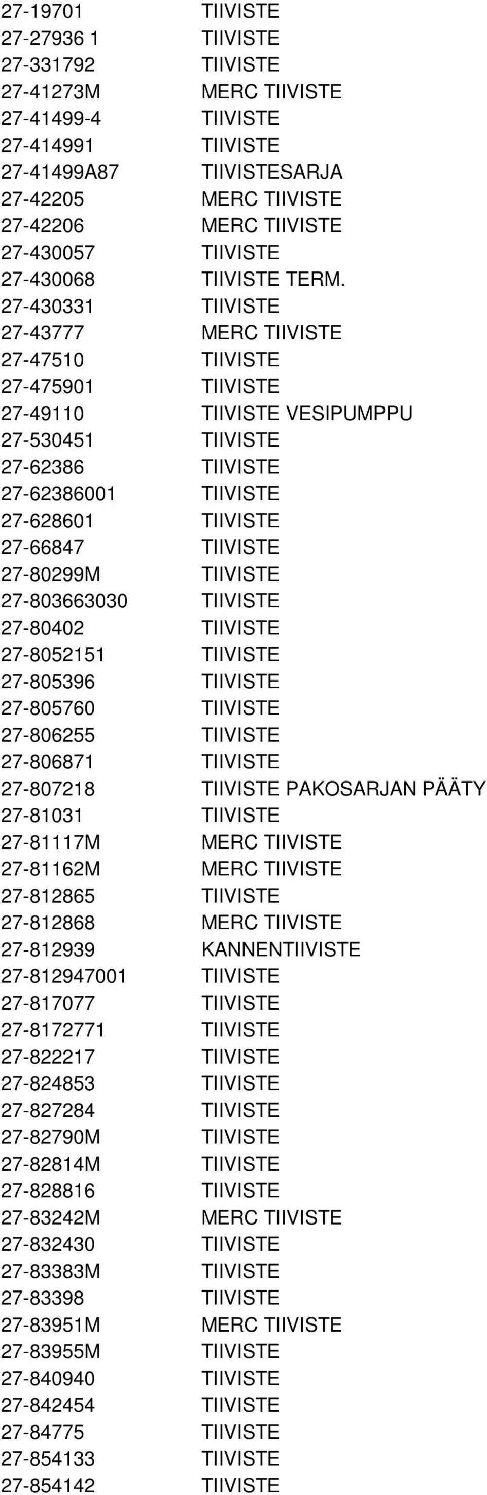 27-430331 TIIVISTE 27-43777 MERC TIIVISTE 27-47510 TIIVISTE 27-475901 TIIVISTE 27-49110 TIIVISTE VESIPUMPPU 27-530451 TIIVISTE 27-62386 TIIVISTE 27-62386001 TIIVISTE 27-628601 TIIVISTE 27-66847