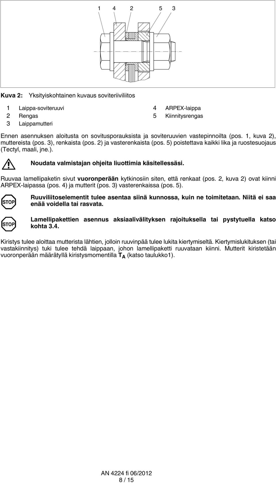 Ruuvaa lamellipaketin sivut vuoronperään kytkinosiin siten, että renkaat (pos. 2, kuva 2) ovat kiinni ARPEX-laipassa (pos. 4) ja mutterit (pos. 3) vasterenkaissa (pos. 5).