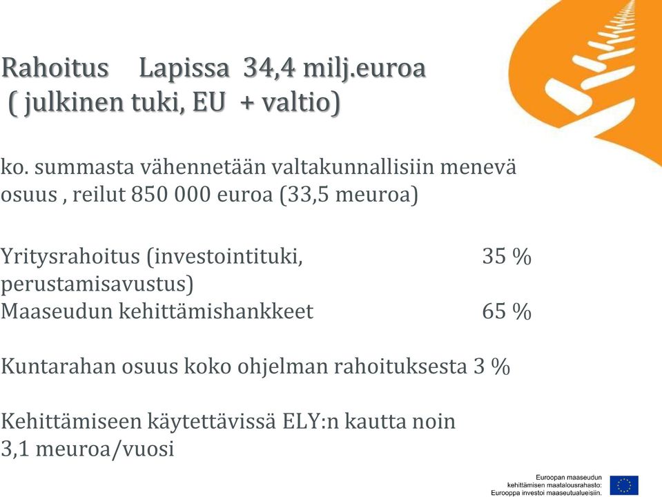 Yritysrahoitus (investointituki, 35 % perustamisavustus) Maaseudun kehittämishankkeet 65