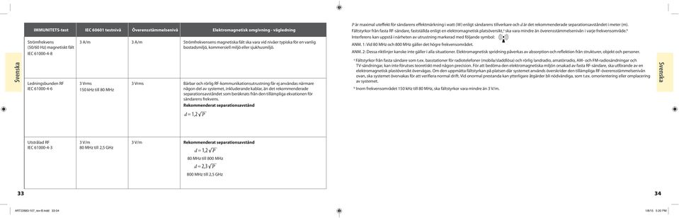 P är maximal uteffekt för sändarens effektmärkning i watt (W) enligt sändarens tillverkare och d är det rekommenderade separationsavståndet i meter (m).