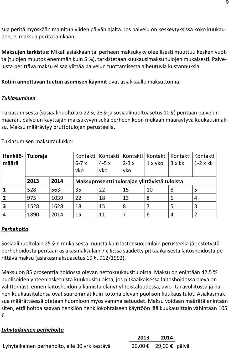 Palvelusta perittävä maksu ei saa ylittää palvelun tuottamisesta aiheutuvia kustannuksia. Kotiin annettavan tuetun asumisen käynnit ovat asiakkaalle maksuttomia.