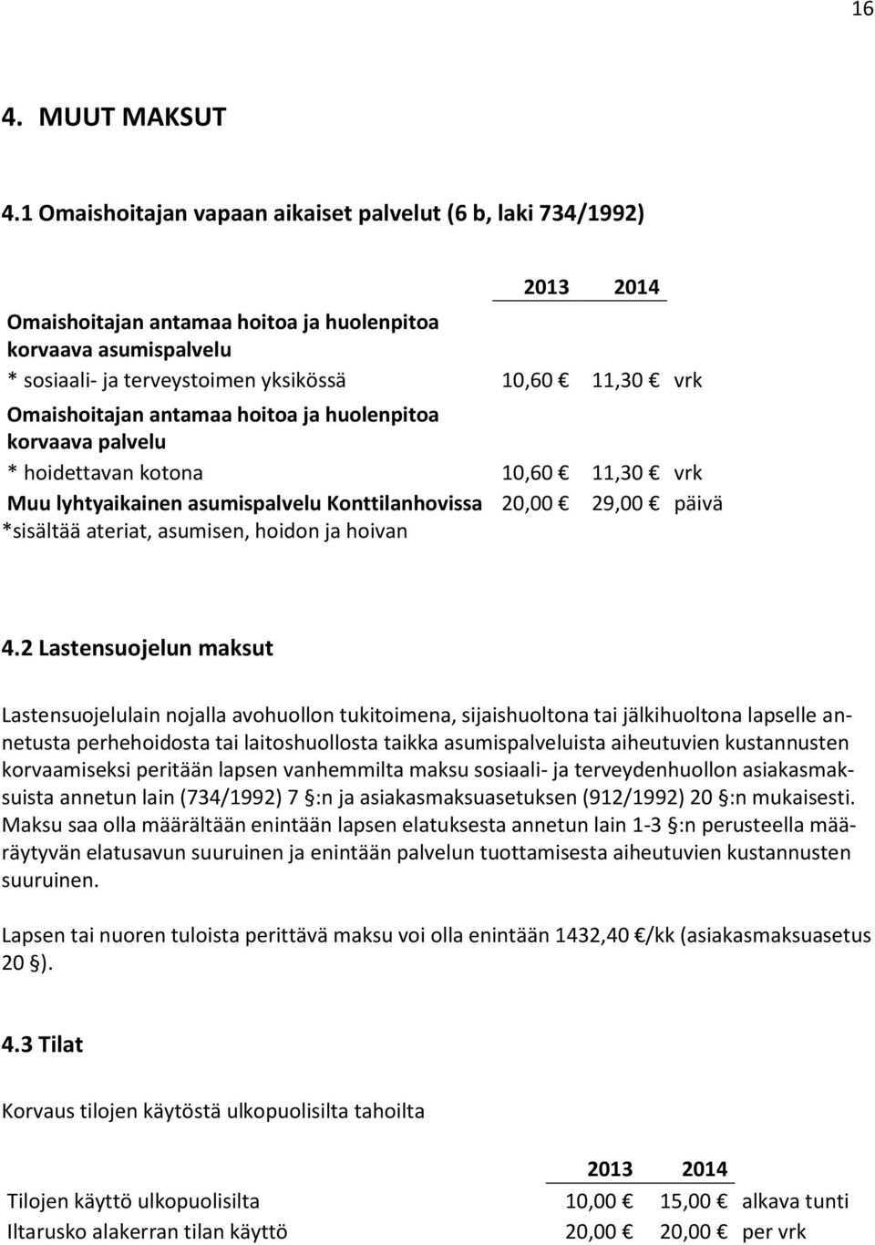 antamaa hoitoa ja huolenpitoa korvaava palvelu * hoidettavan kotona 10,60 11,30 vrk Muu lyhtyaikainen asumispalvelu Konttilanhovissa 20,00 29,00 päivä *sisältää ateriat, asumisen, hoidon ja hoivan 4.