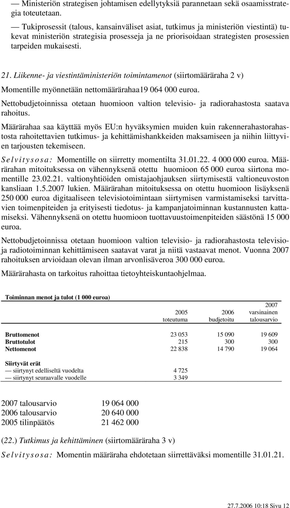 Liikenne- ja viestintäministeriön toimintamenot (siirtomääräraha 2 v) Momentille myönnetään nettomäärärahaa19 064 000 euroa.