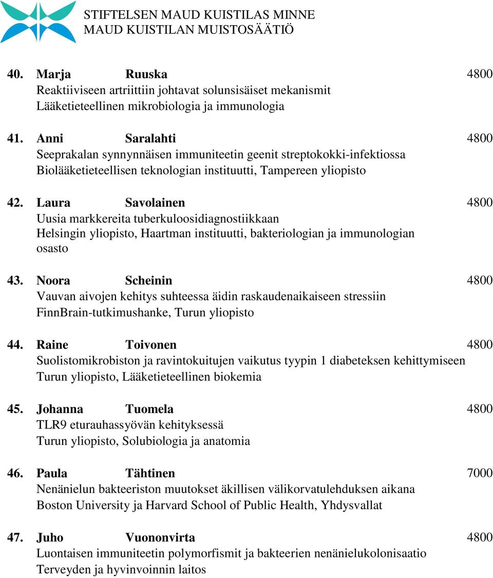 Laura Savolainen 4800 Uusia markkereita tuberkuloosidiagnostiikkaan Helsingin yliopisto, Haartman instituutti, bakteriologian ja immunologian osasto 43.