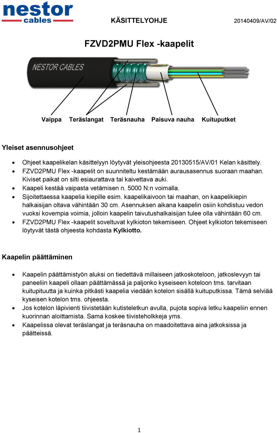 Sijoitettaessa kaapelia kiepille esim. kaapelikaivoon tai maahan, on kaapelikiepin halkaisijan oltava vähintään 30 cm.