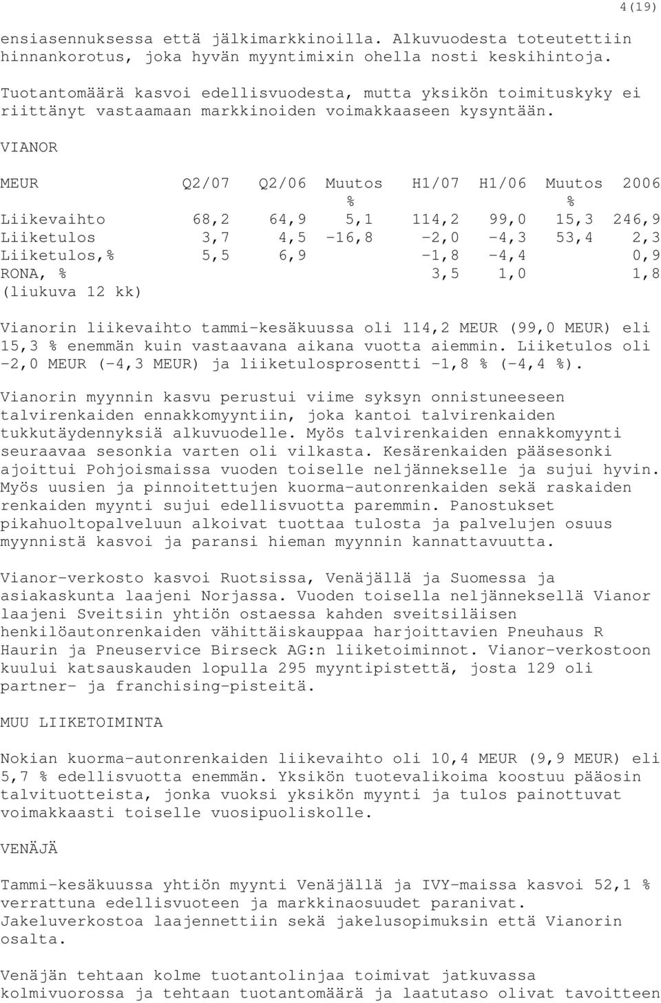 VIANOR 4(19) MEUR Q2/07 Q2/06 Muutos H1/07 H1/06 Muutos 2006 % % Liikevaihto 68,2 64,9 5,1 114,2 99,0 15,3 246,9 Liiketulos 3,7 4,5-16,8-2,0-4,3 53,4 2,3 Liiketulos,% 5,5 6,9-1,8-4,4 0,9 RONA, % 3,5