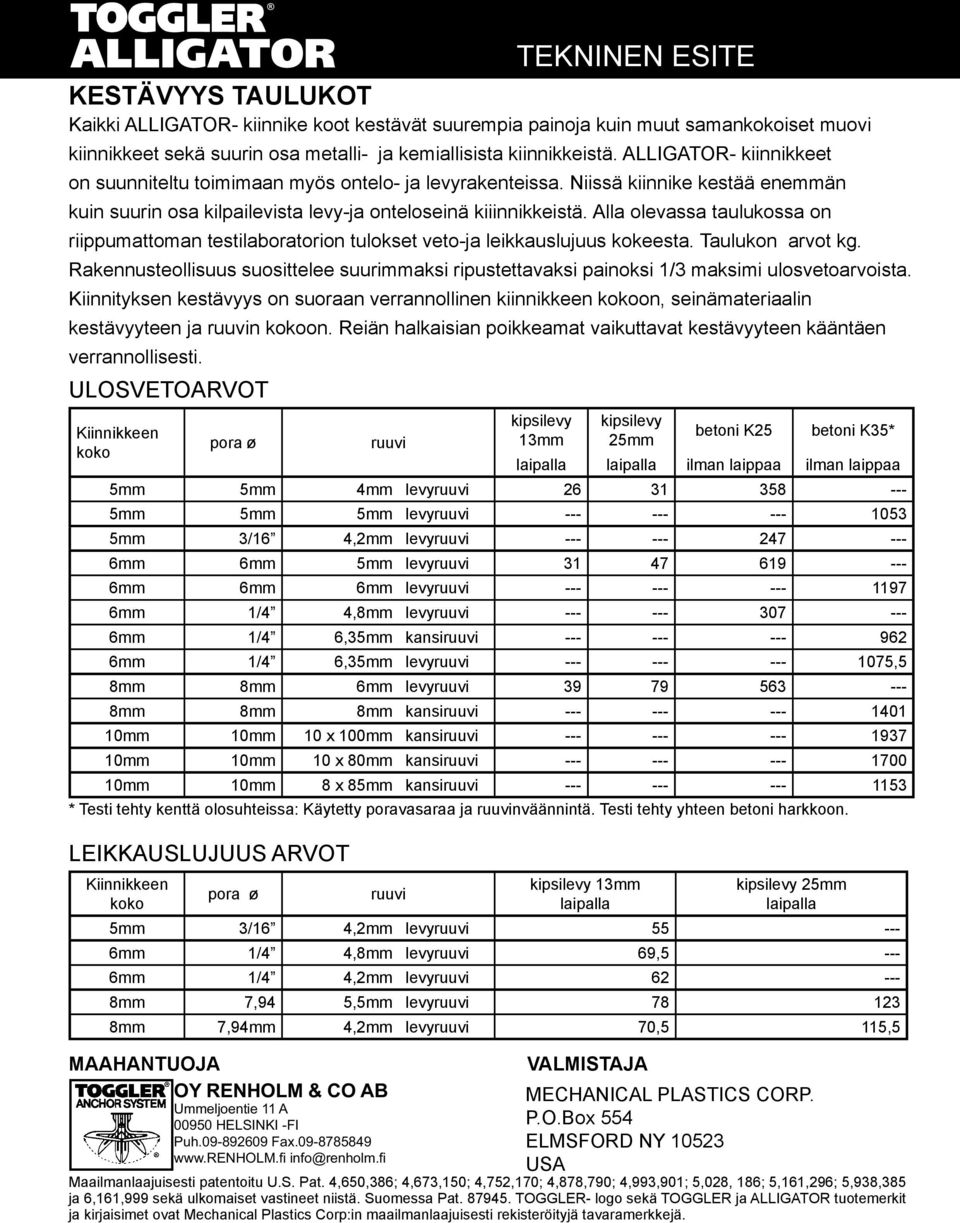 Alla olevassa taulukossa on riippumattoman testilaboratorion tulokset veto-ja leikkauslujuus kokeesta. Taulukon arvot kg.